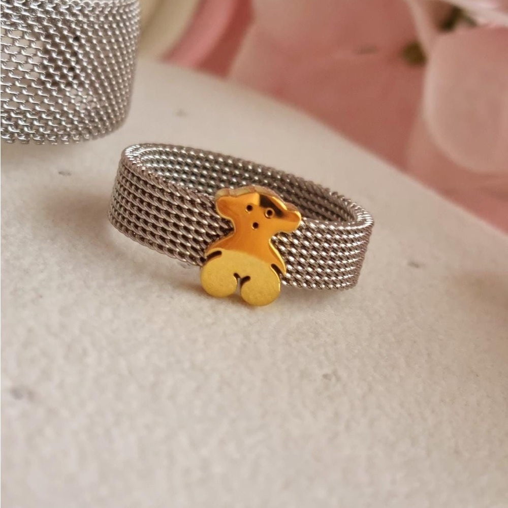 Silver Mesh Ring with Gold Bear Charm